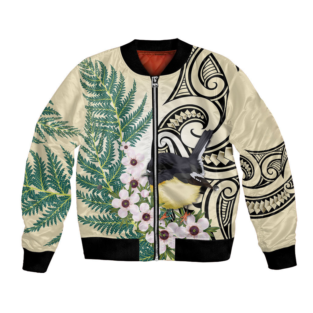 Endemic Tomtit New Zealand Bomber Jacket Miromiro Manuka Silver Fern Maori Pattern LT14 Unisex Cream - Polynesian Pride