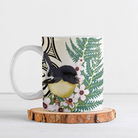 Endemic Tomtit New Zealand Ceramic Mug Miromiro Manuka Silver Fern Maori Pattern LT14 Cream - Polynesian Pride