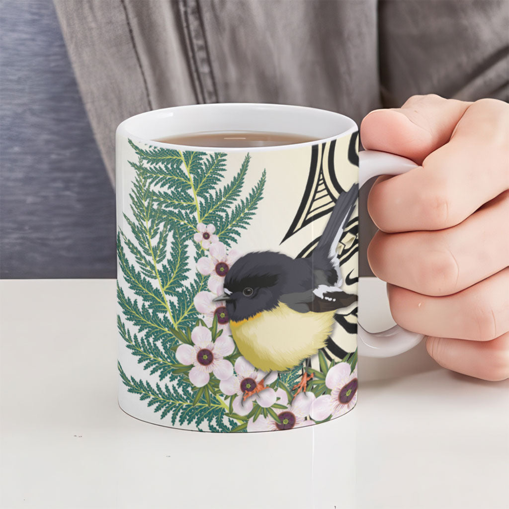 Endemic Tomtit New Zealand Ceramic Mug Miromiro Manuka Silver Fern Maori Pattern LT14 - Polynesian Pride
