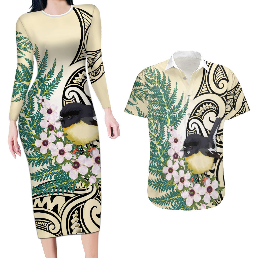 Endemic Tomtit New Zealand Couples Matching Long Sleeve Bodycon Dress and Hawaiian Shirt Miromiro Manuka Silver Fern Maori Pattern