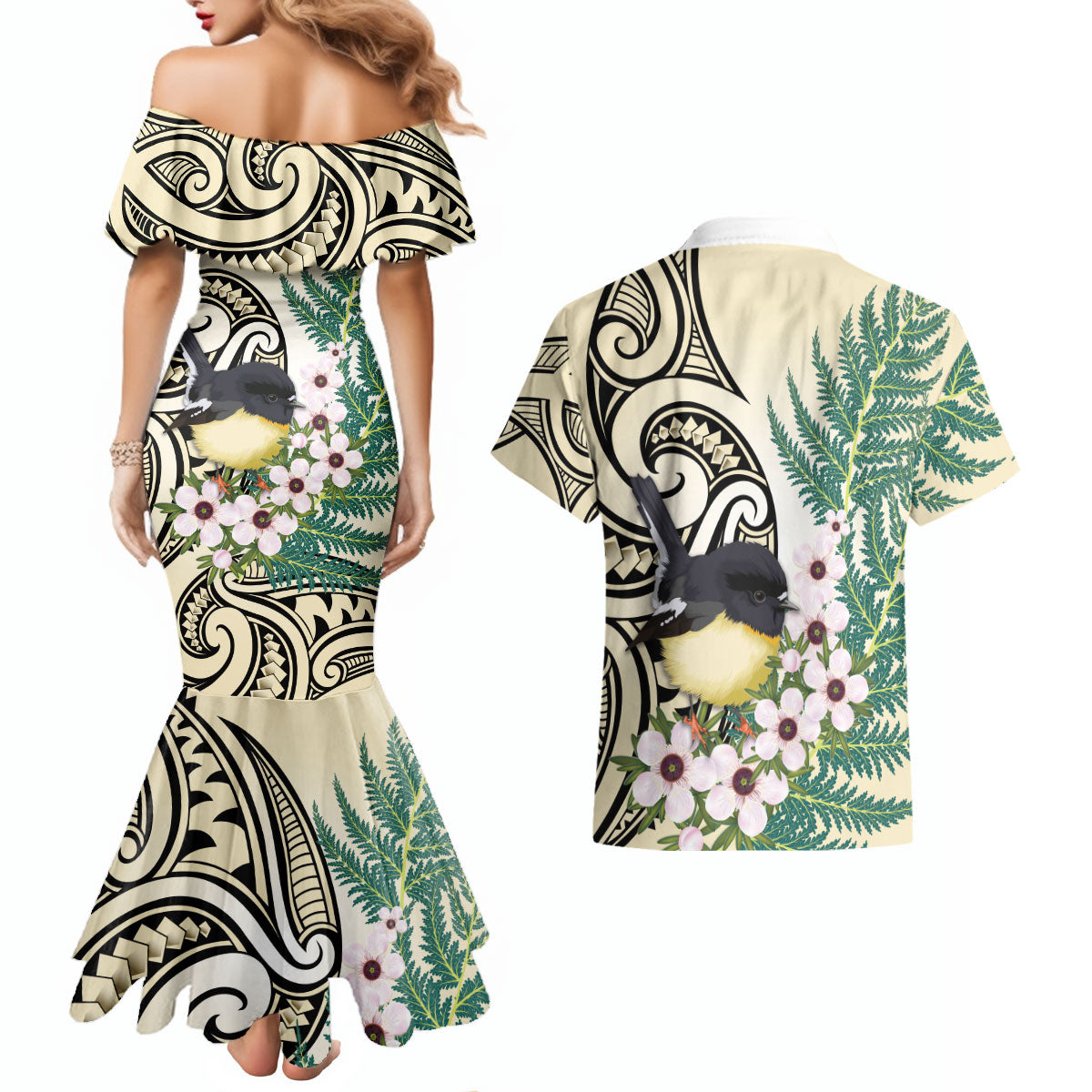 Endemic Tomtit New Zealand Couples Matching Mermaid Dress and Hawaiian Shirt Miromiro Manuka Silver Fern Maori Pattern