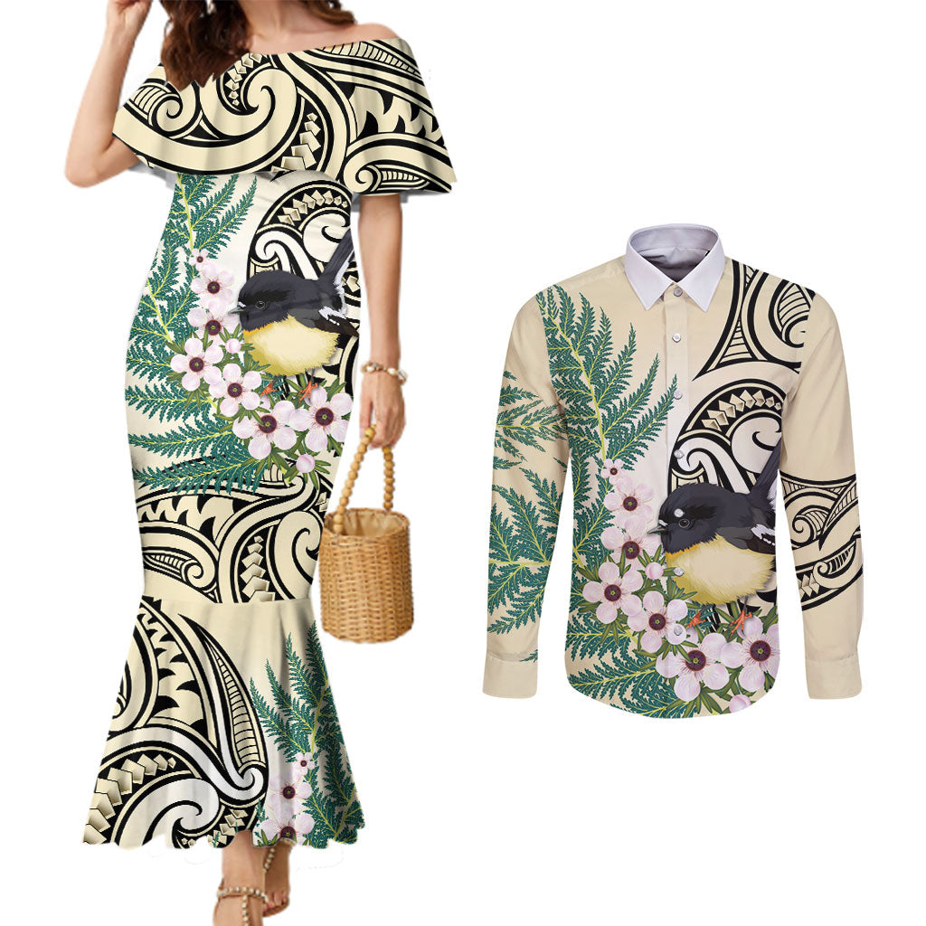Endemic Tomtit New Zealand Couples Matching Mermaid Dress and Long Sleeve Button Shirt Miromiro Manuka Silver Fern Maori Pattern