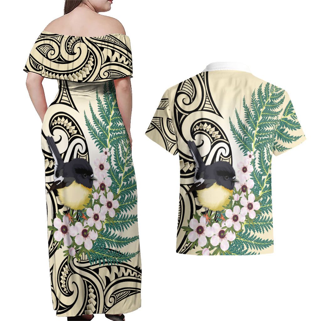 Endemic Tomtit New Zealand Couples Matching Off Shoulder Maxi Dress and Hawaiian Shirt Miromiro Manuka Silver Fern Maori Pattern