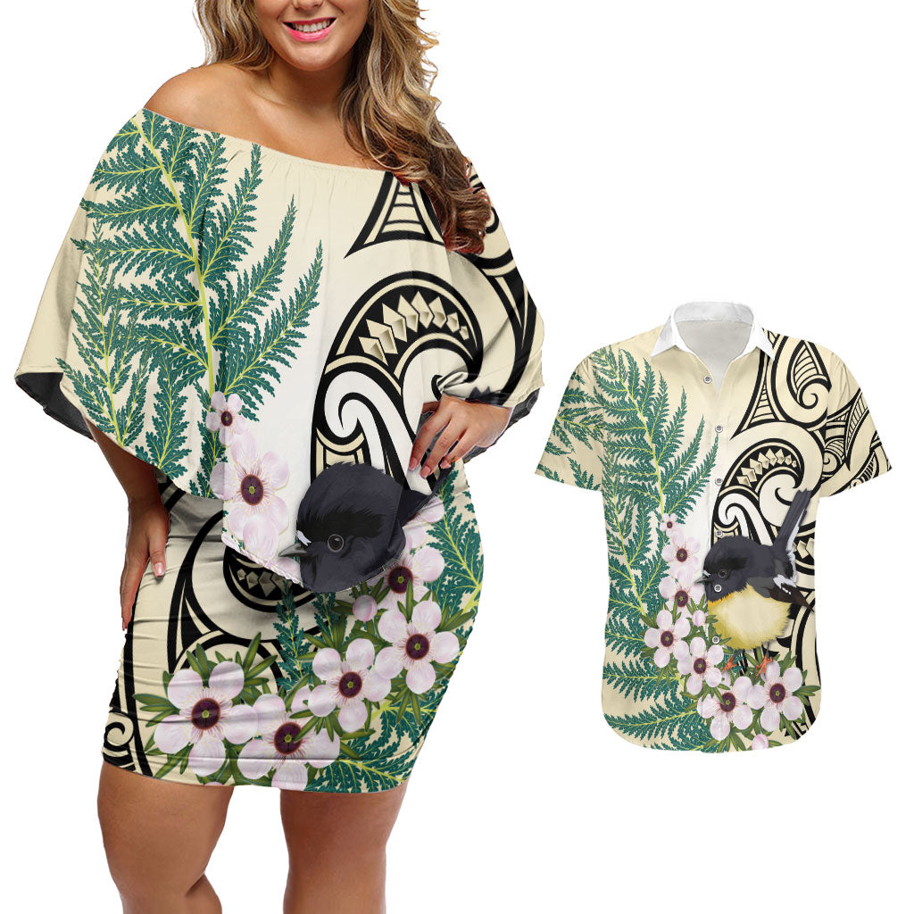 Endemic Tomtit New Zealand Couples Matching Off Shoulder Short Dress and Hawaiian Shirt Miromiro Manuka Silver Fern Maori Pattern