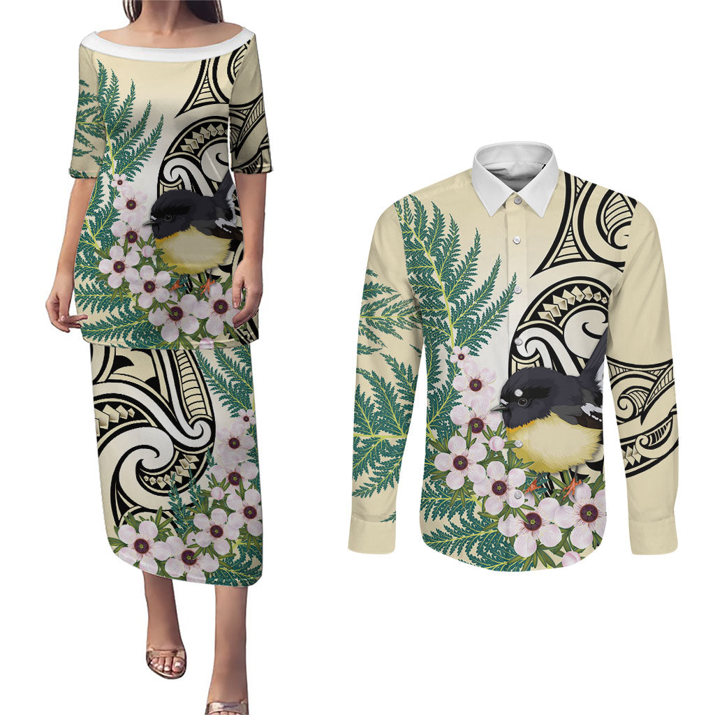 Endemic Tomtit New Zealand Couples Matching Puletasi and Long Sleeve Button Shirt Miromiro Manuka Silver Fern Maori Pattern