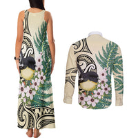 Endemic Tomtit New Zealand Couples Matching Tank Maxi Dress and Long Sleeve Button Shirt Miromiro Manuka Silver Fern Maori Pattern