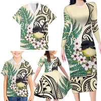 Endemic Tomtit New Zealand Family Matching Long Sleeve Bodycon Dress and Hawaiian Shirt Miromiro Manuka Silver Fern Maori Pattern