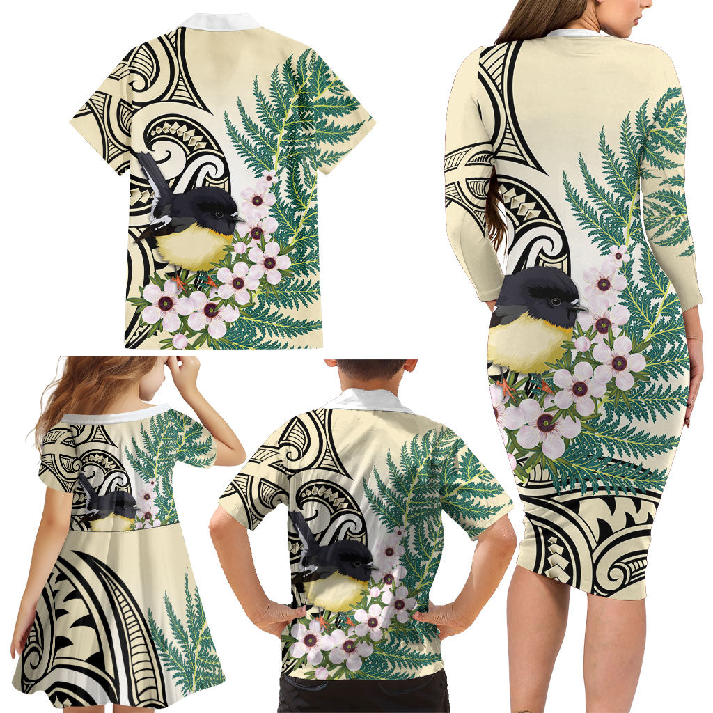 Endemic Tomtit New Zealand Family Matching Long Sleeve Bodycon Dress and Hawaiian Shirt Miromiro Manuka Silver Fern Maori Pattern