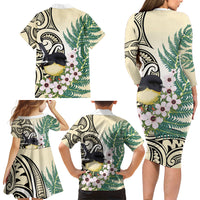 Endemic Tomtit New Zealand Family Matching Long Sleeve Bodycon Dress and Hawaiian Shirt Miromiro Manuka Silver Fern Maori Pattern