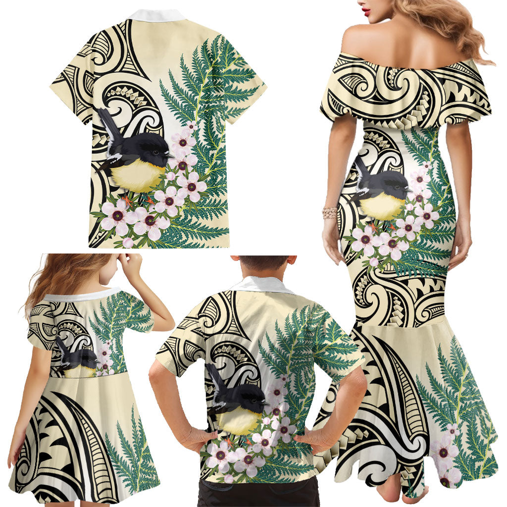 Endemic Tomtit New Zealand Family Matching Mermaid Dress and Hawaiian Shirt Miromiro Manuka Silver Fern Maori Pattern