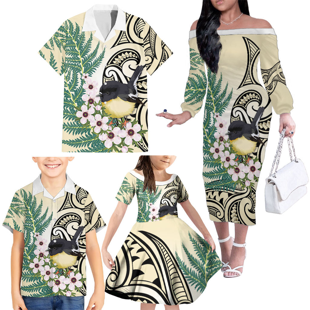 Endemic Tomtit New Zealand Family Matching Off The Shoulder Long Sleeve Dress and Hawaiian Shirt Miromiro Manuka Silver Fern Maori Pattern