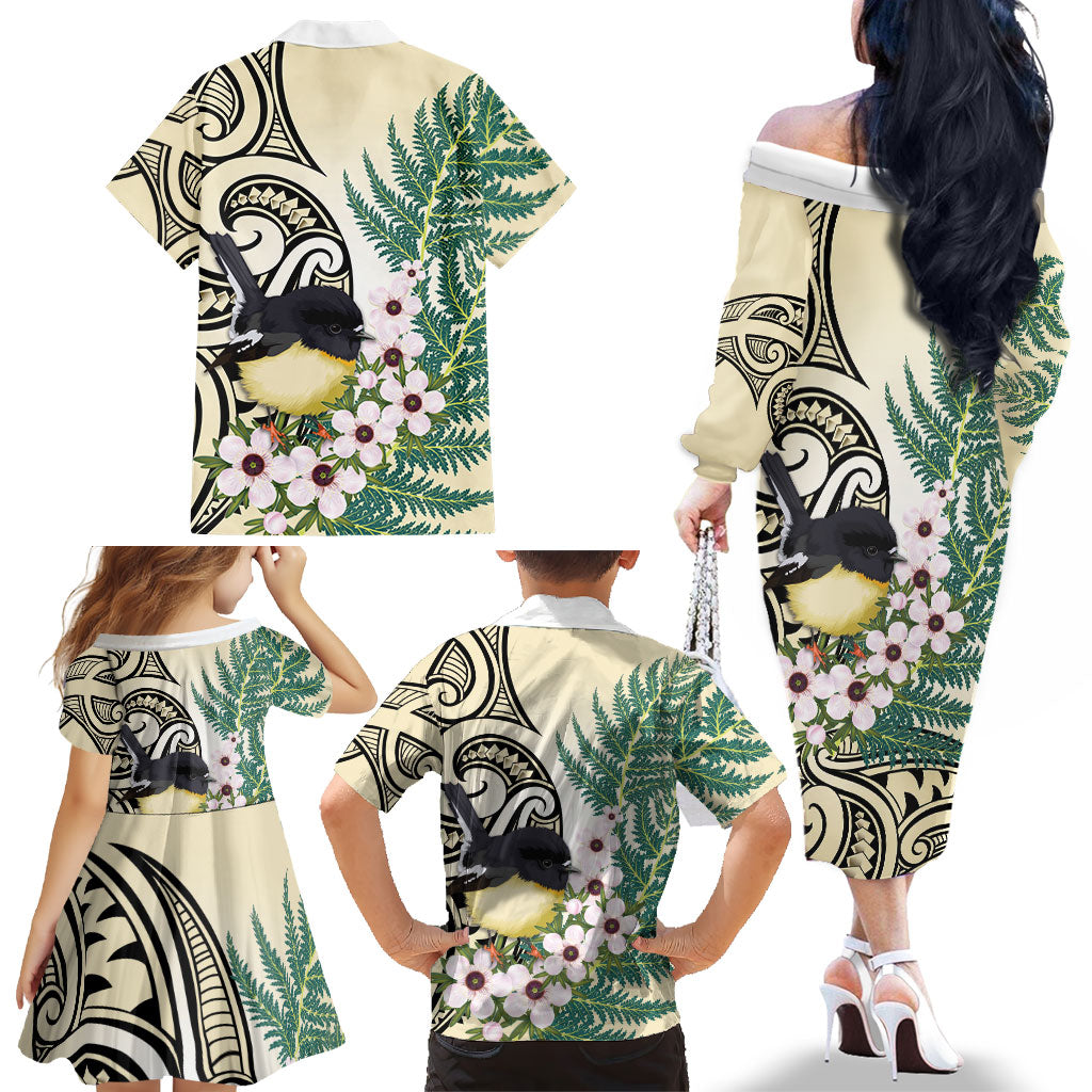 Endemic Tomtit New Zealand Family Matching Off The Shoulder Long Sleeve Dress and Hawaiian Shirt Miromiro Manuka Silver Fern Maori Pattern