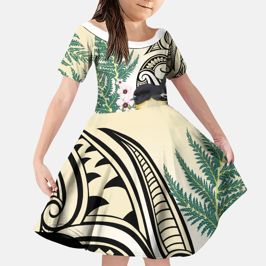 Endemic Tomtit New Zealand Family Matching Off Shoulder Maxi Dress and Hawaiian Shirt Miromiro Manuka Silver Fern Maori Pattern