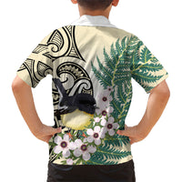 Endemic Tomtit New Zealand Family Matching Off Shoulder Short Dress and Hawaiian Shirt Miromiro Manuka Silver Fern Maori Pattern