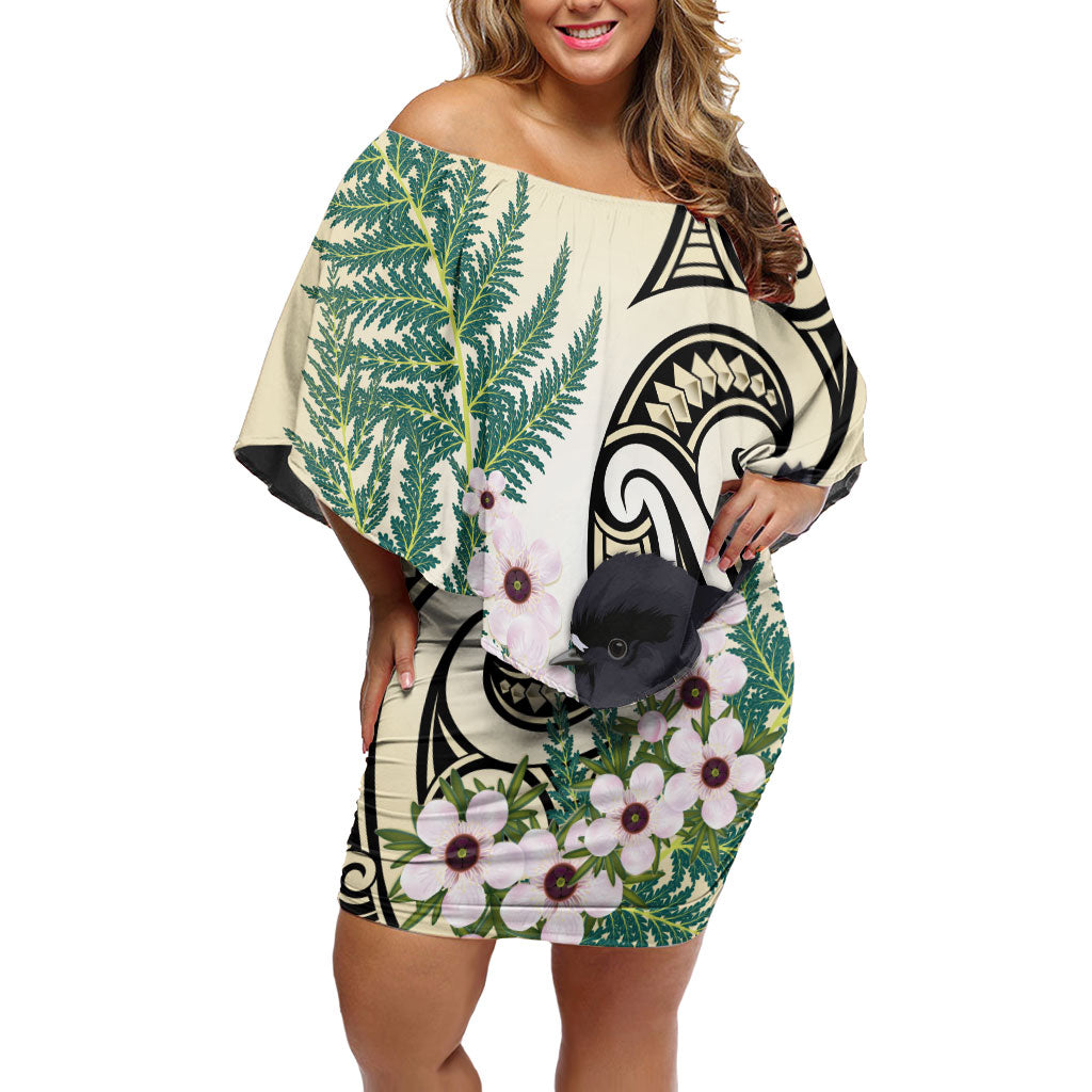 Endemic Tomtit New Zealand Family Matching Off Shoulder Short Dress and Hawaiian Shirt Miromiro Manuka Silver Fern Maori Pattern