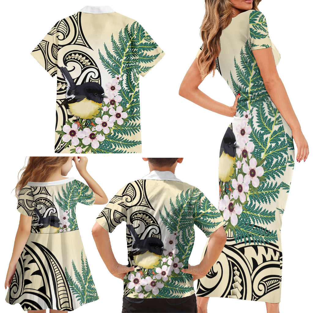 Endemic Tomtit New Zealand Family Matching Short Sleeve Bodycon Dress and Hawaiian Shirt Miromiro Manuka Silver Fern Maori Pattern