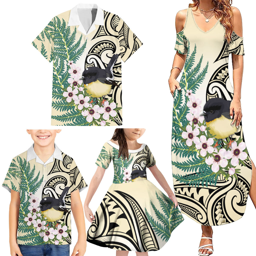 Endemic Tomtit New Zealand Family Matching Summer Maxi Dress and Hawaiian Shirt Miromiro Manuka Silver Fern Maori Pattern