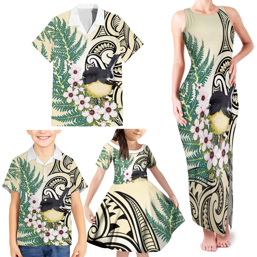 Endemic Tomtit New Zealand Family Matching Tank Maxi Dress and Hawaiian Shirt Miromiro Manuka Silver Fern Maori Pattern