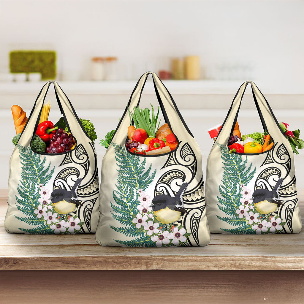 Endemic Tomtit New Zealand Grocery Bag Miromiro Manuka Silver Fern Maori Pattern