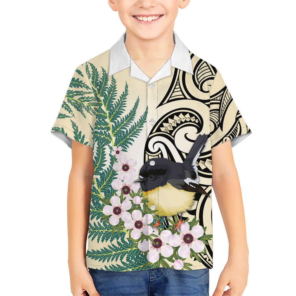 Endemic Tomtit New Zealand Kid Hawaiian Shirt Miromiro Manuka Silver Fern Maori Pattern