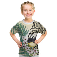 Endemic Tomtit New Zealand Kid T Shirt Miromiro Manuka Silver Fern Maori Pattern LT14 Cream - Polynesian Pride