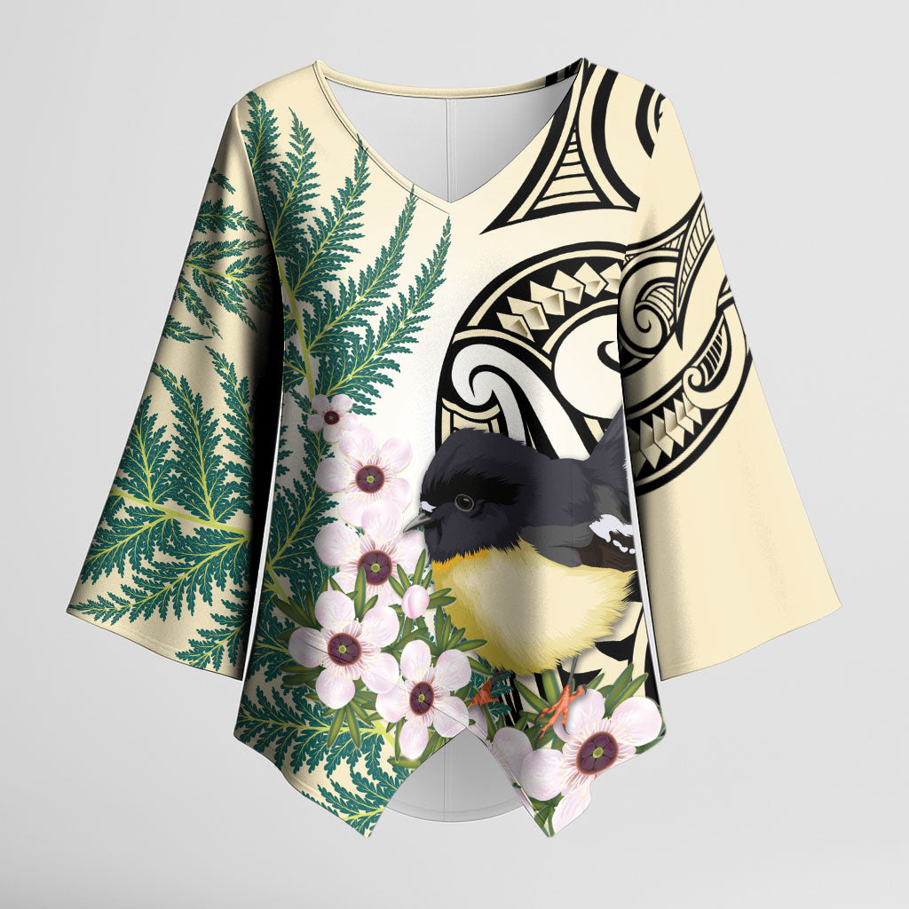 Endemic Tomtit New Zealand Kimono Sleeve Blouse Miromiro Manuka Silver Fern Maori Pattern