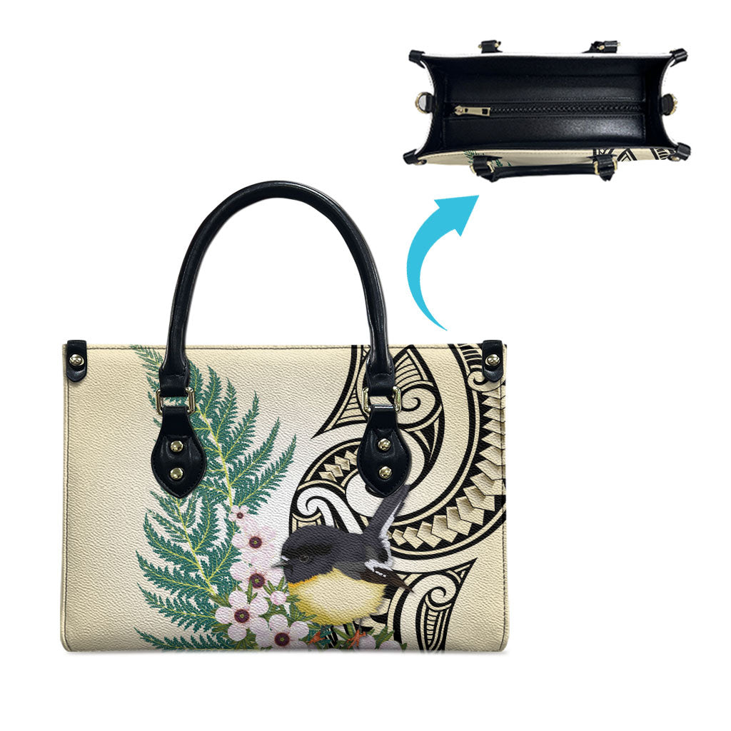 Endemic Tomtit New Zealand Leather Bag Miromiro Manuka Silver Fern Maori Pattern