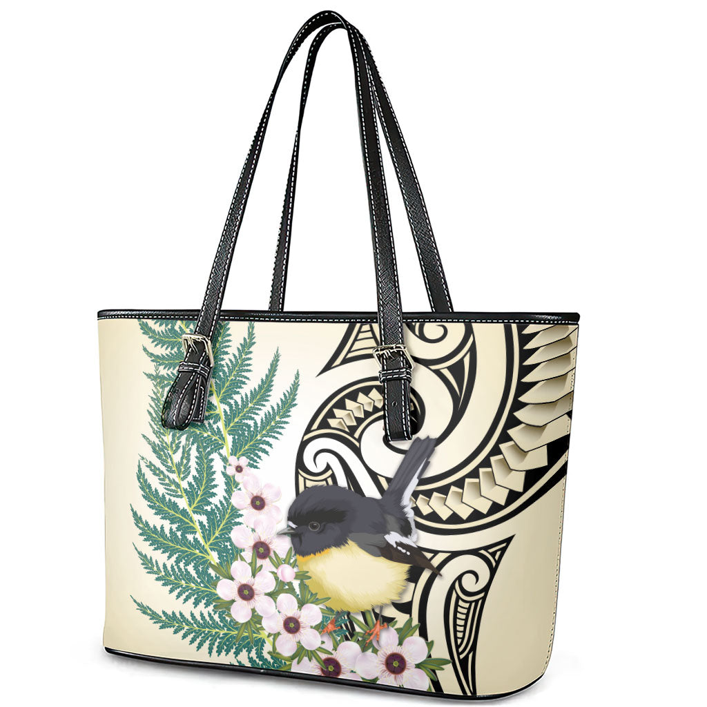 Endemic Tomtit New Zealand Leather Tote Bag Miromiro Manuka Silver Fern Maori Pattern LT14 - Polynesian Pride