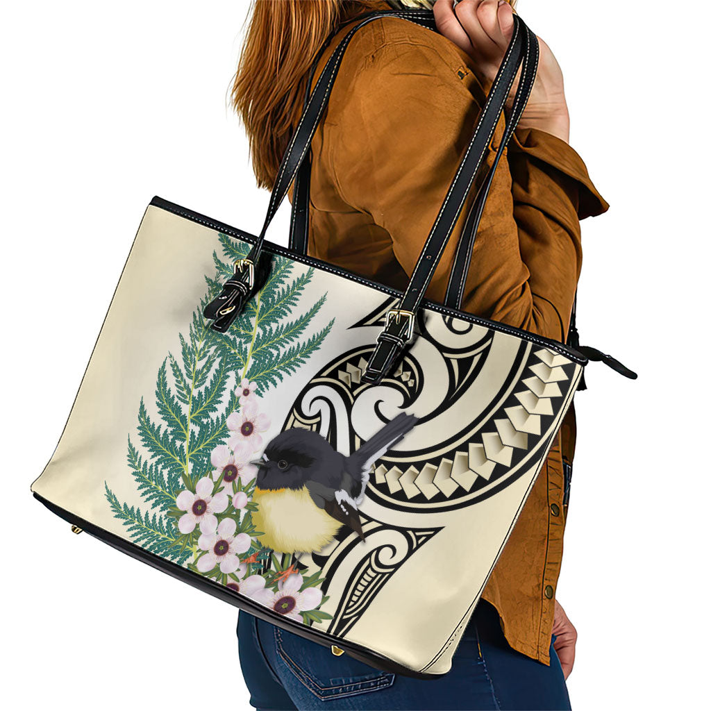 Endemic Tomtit New Zealand Leather Tote Bag Miromiro Manuka Silver Fern Maori Pattern LT14 - Polynesian Pride