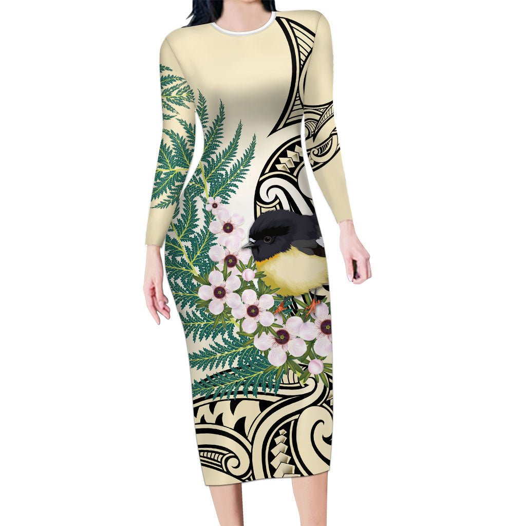 Endemic Tomtit New Zealand Long Sleeve Bodycon Dress Miromiro Manuka Silver Fern Maori Pattern