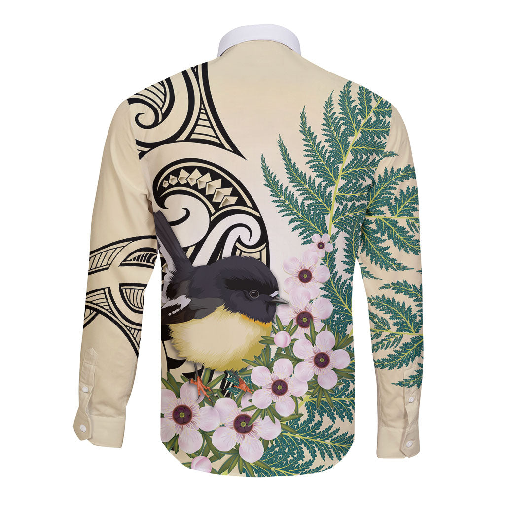 Endemic Tomtit New Zealand Long Sleeve Button Shirt Miromiro Manuka Silver Fern Maori Pattern