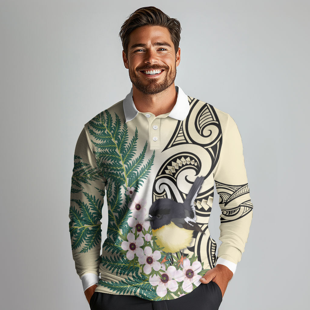 Endemic Tomtit New Zealand Long Sleeve Polo Shirt Miromiro Manuka Silver Fern Maori Pattern