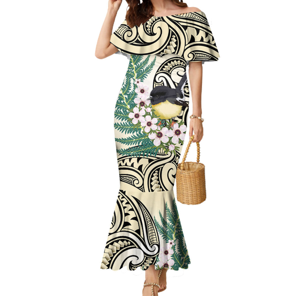 Endemic Tomtit New Zealand Mermaid Dress Miromiro Manuka Silver Fern Maori Pattern