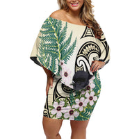 Endemic Tomtit New Zealand Off Shoulder Short Dress Miromiro Manuka Silver Fern Maori Pattern