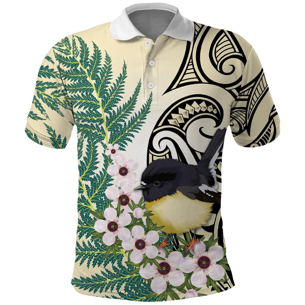 Endemic Tomtit New Zealand Polo Shirt Miromiro Manuka Silver Fern Maori Pattern LT14 Cream - Polynesian Pride