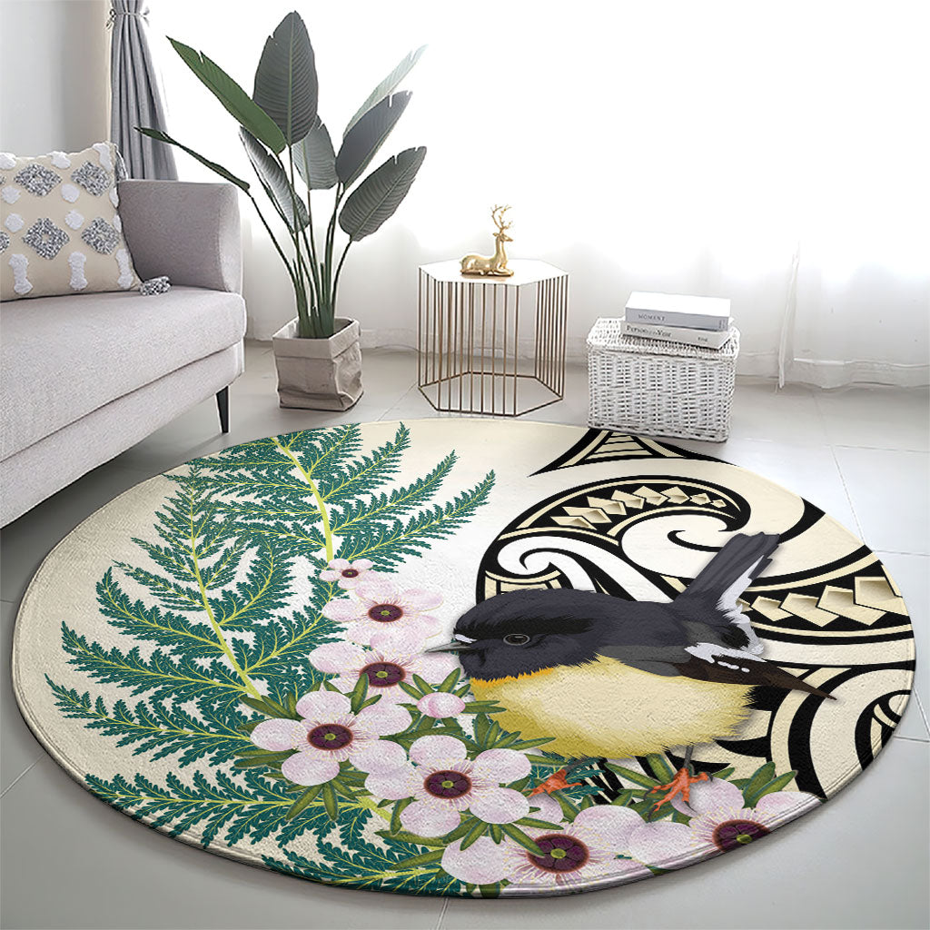 Endemic Tomtit New Zealand Round Carpet Miromiro Manuka Silver Fern Maori Pattern