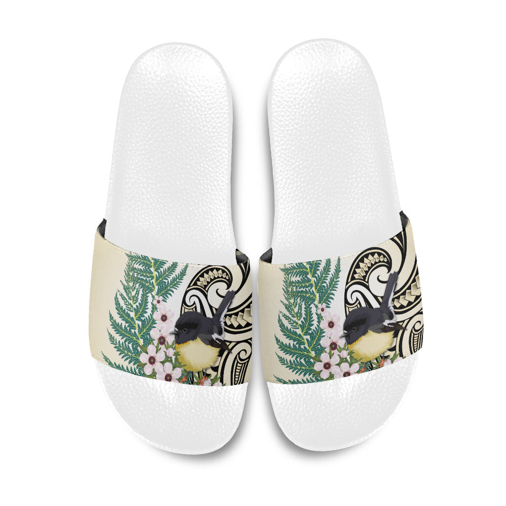 Endemic Tomtit New Zealand Slide Sandals Miromiro Manuka Silver Fern Maori Pattern