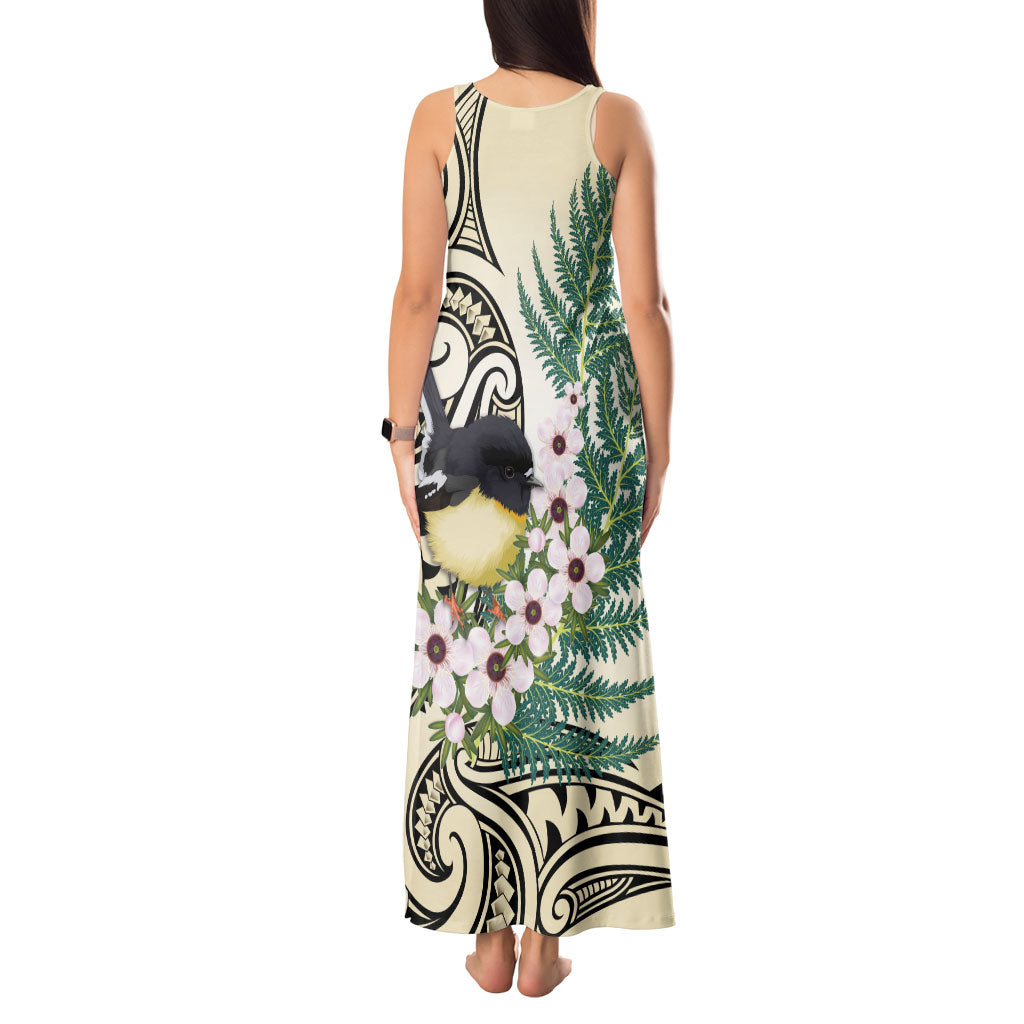 Endemic Tomtit New Zealand Tank Maxi Dress Miromiro Manuka Silver Fern Maori Pattern