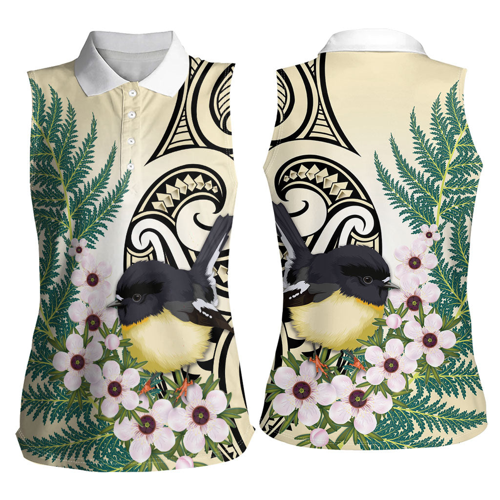 Endemic Tomtit New Zealand Women Sleeveless Polo Shirt Miromiro Manuka Silver Fern Maori Pattern