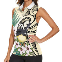 Endemic Tomtit New Zealand Women Sleeveless Polo Shirt Miromiro Manuka Silver Fern Maori Pattern