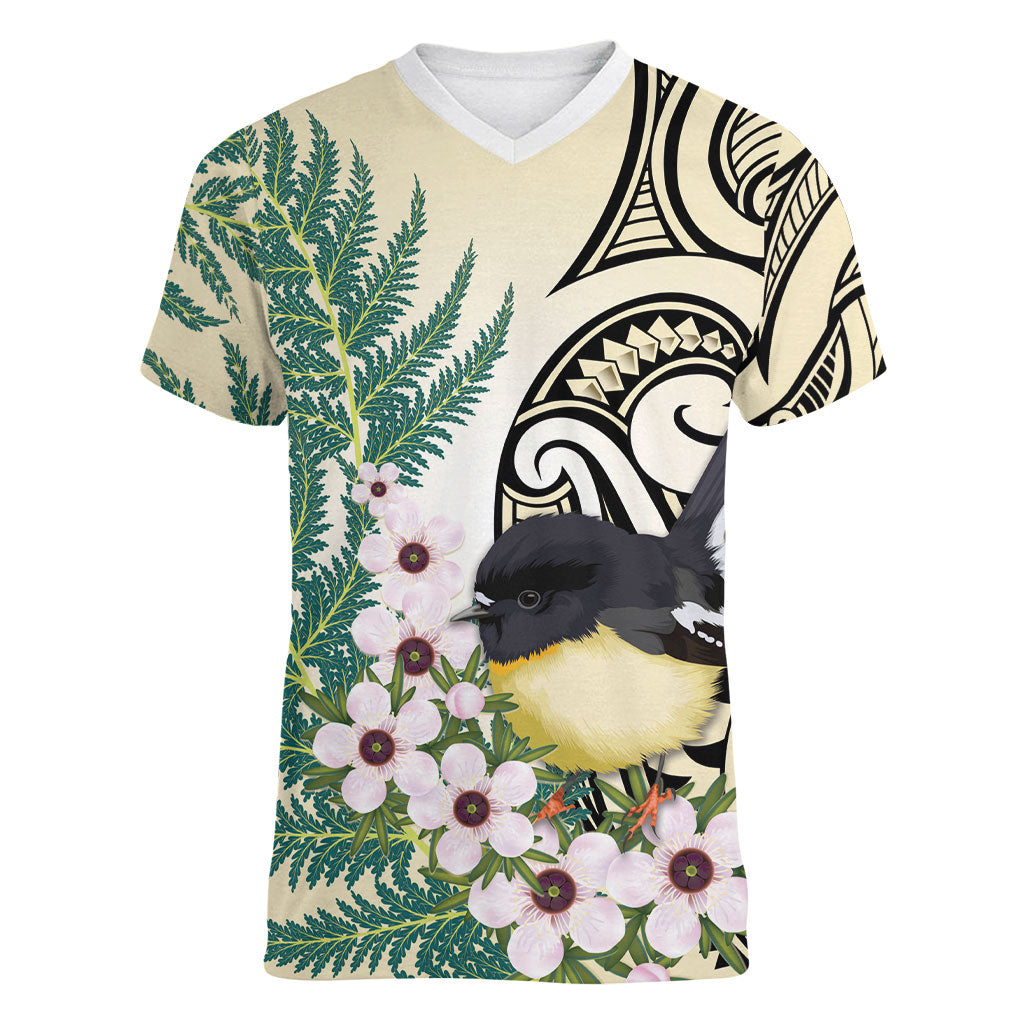 Endemic Tomtit New Zealand Women V-Neck T-Shirt Miromiro Manuka Silver Fern Maori Pattern