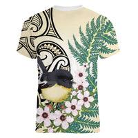 Endemic Tomtit New Zealand Women V-Neck T-Shirt Miromiro Manuka Silver Fern Maori Pattern