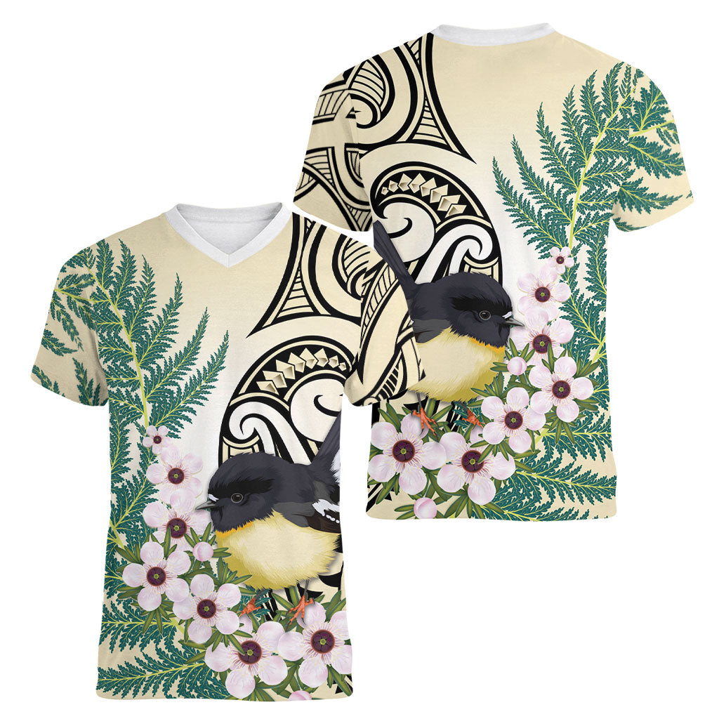 Endemic Tomtit New Zealand Women V-Neck T-Shirt Miromiro Manuka Silver Fern Maori Pattern