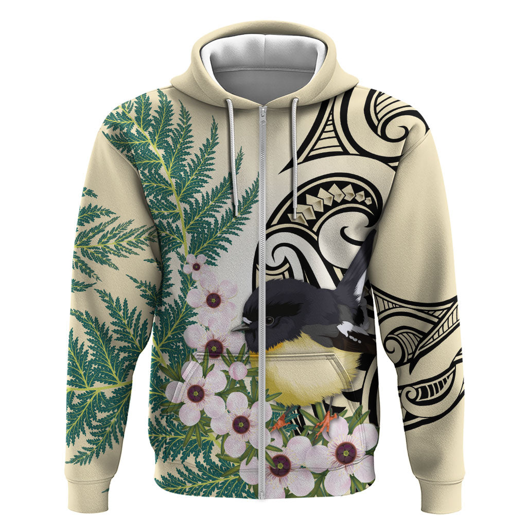 Endemic Tomtit New Zealand Zip Hoodie Miromiro Manuka Silver Fern Maori Pattern LT14 Zip Hoodie Cream - Polynesian Pride