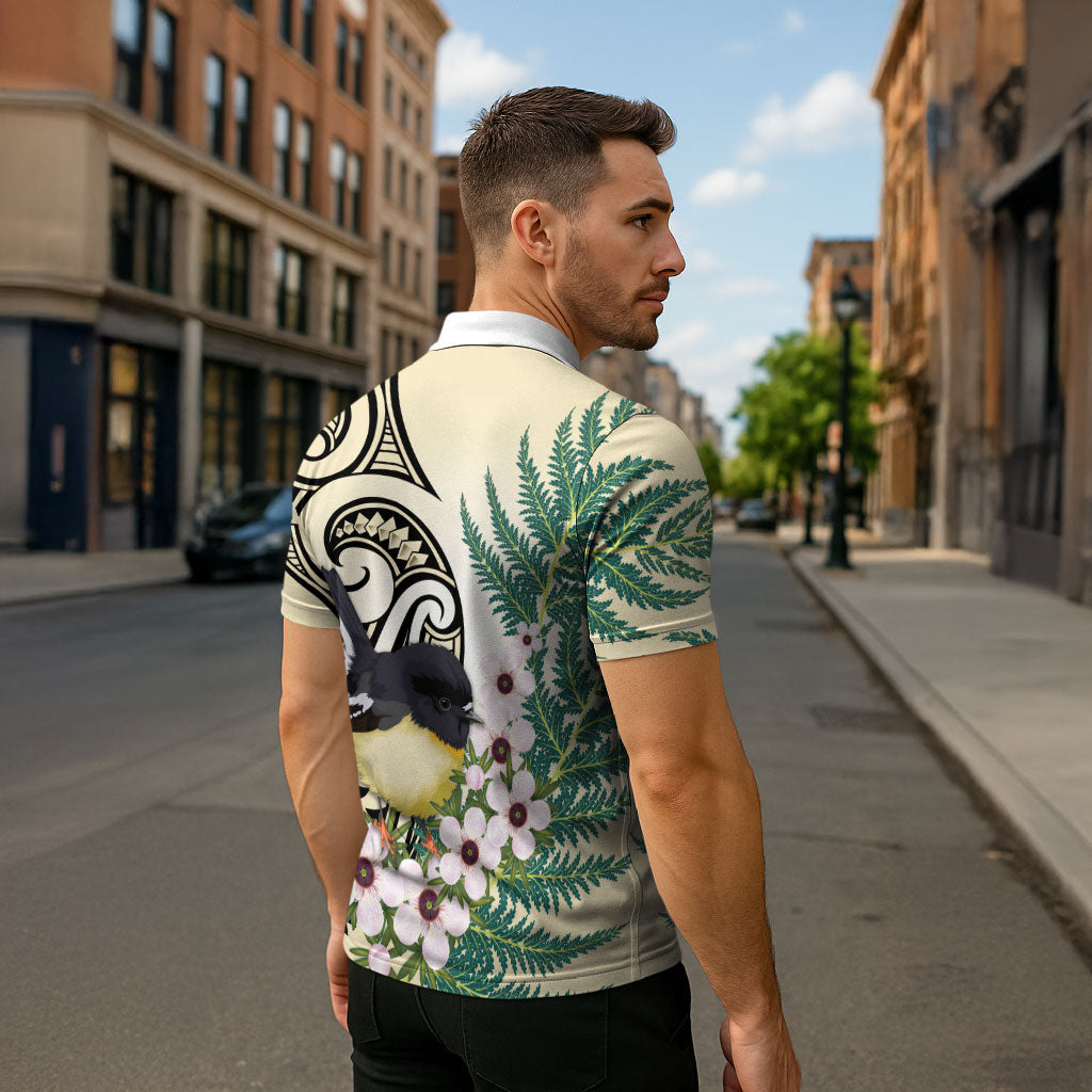 Endemic Tomtit New Zealand Zipper Polo Shirt Miromiro Manuka Silver Fern Maori Pattern