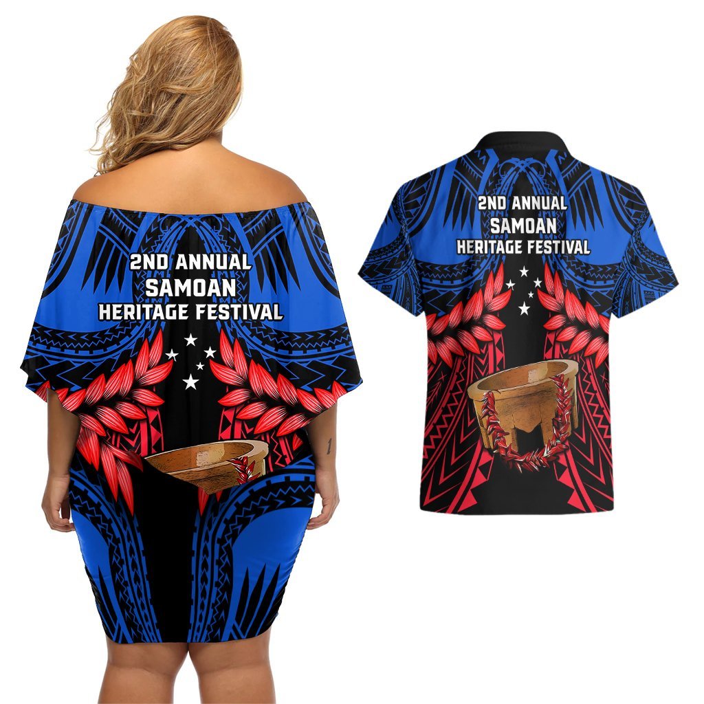 Samoa Couples Matching Off Shoulder Short Dress and Hawaiian Shirt Heritage Festival Samoan Tattoo With Ula Fala Kava Bowl LT14 - Polynesian Pride
