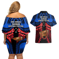 Samoa Couples Matching Off Shoulder Short Dress and Hawaiian Shirt Heritage Festival Samoan Tattoo With Ula Fala Kava Bowl LT14 - Polynesian Pride