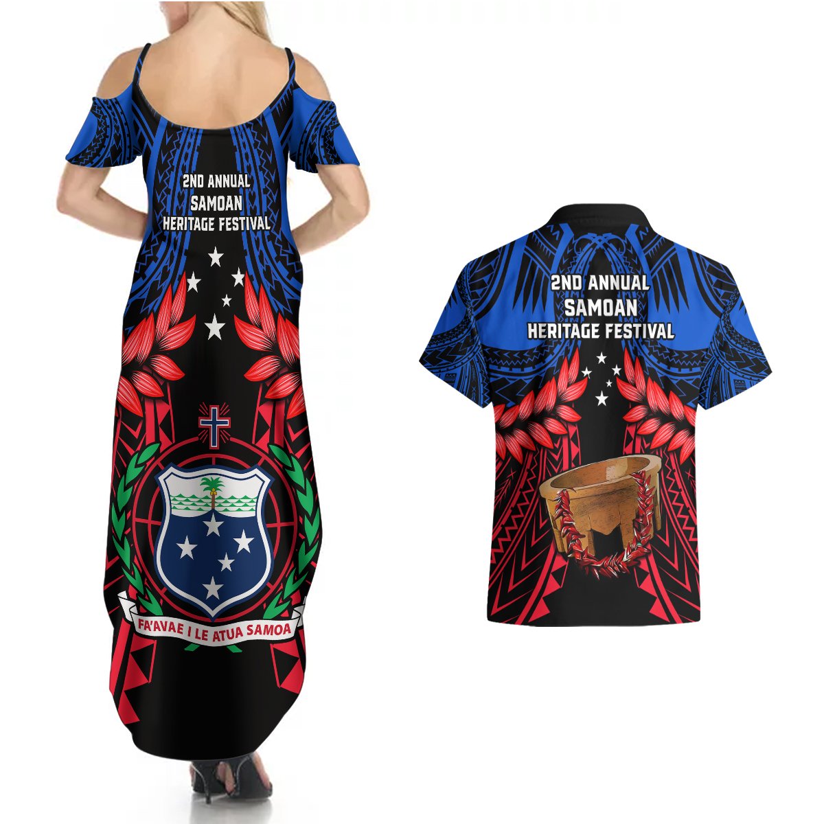 Samoa Couples Matching Summer Maxi Dress and Hawaiian Shirt Heritage Festival Samoan Tattoo With Ula Fala Kava Bowl LT14 - Polynesian Pride