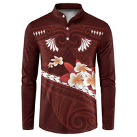 Oxblood Polynesia Button Sweatshirt Tribal Pattern Tropical Frangipani