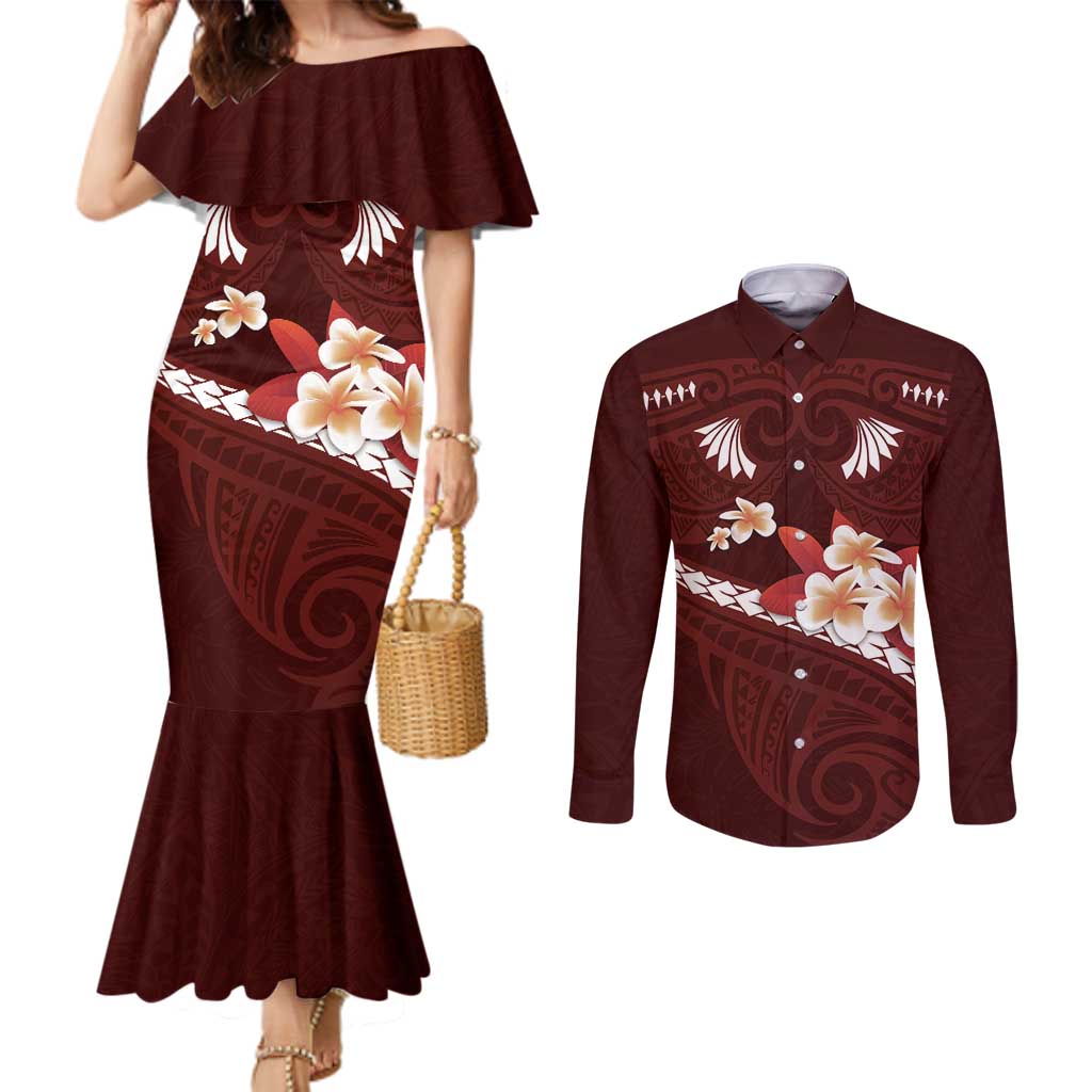 Oxblood Polynesia Couples Matching Mermaid Dress and Long Sleeve Button Shirt Tribal Pattern Tropical Frangipani